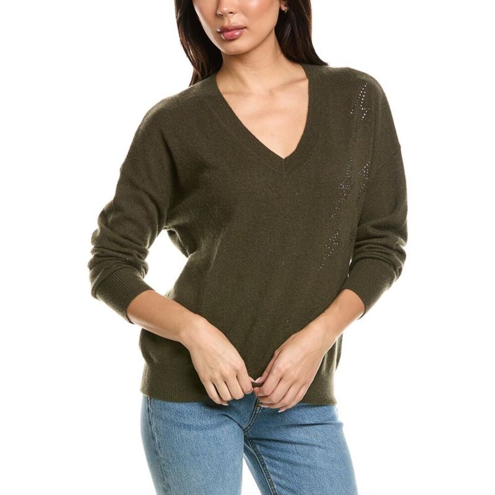 Brodie Cashmere Womens Hazel Hot Fix Bolt V-Neck 100% Cashmere Sweater, Green